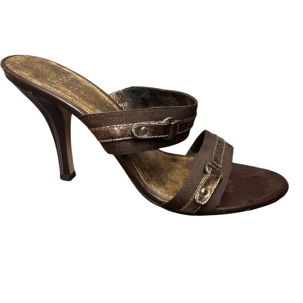 CIRCA JOAN & DAVID Leather And Canvas SZ 8 Open Toe Heel 2 Strap Y2K Bronze EUC